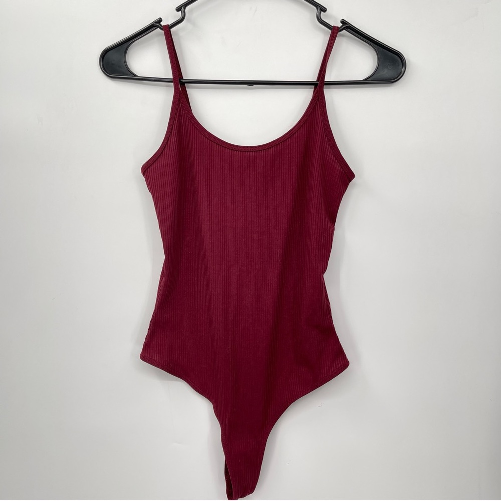 Athleta XXS Ribbed Knit Bodysuit Womens Burgundy Adjustable Straps Scoop Neck